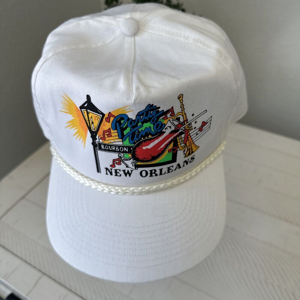 New Orleans Bourbon St Party Time White Adjustable SnapBack Hat Souvenir Vintage - Picture 2 of 11